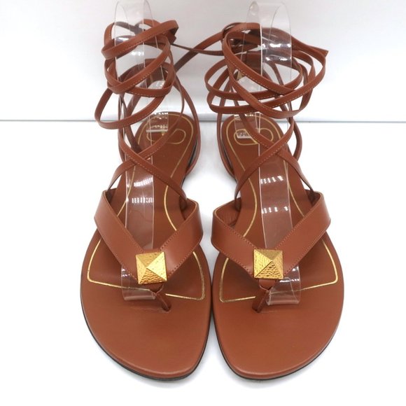 VALENTINO ROMAN STUD ANKLE WRAP FLAT SANDALS BROWN LEATHER SIZE 37 - Picture 3 of 11